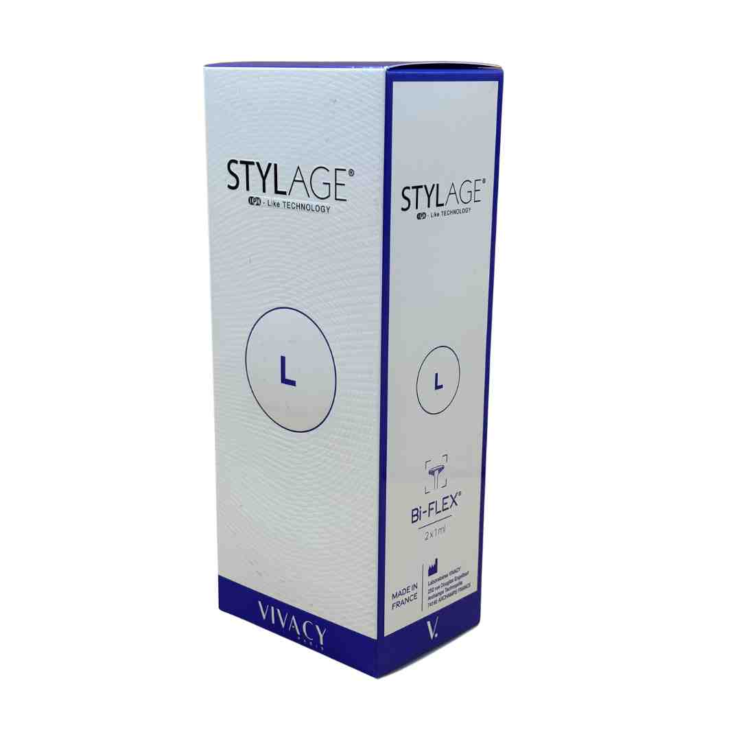 Caja de Stylage L (2 x 1 ml) de Vivacy disponible para su compra online. Distribución oficial de ácido hialurónico inyectable para el tratamiento de arrugas profundas en clínicas de medicina estética de España.