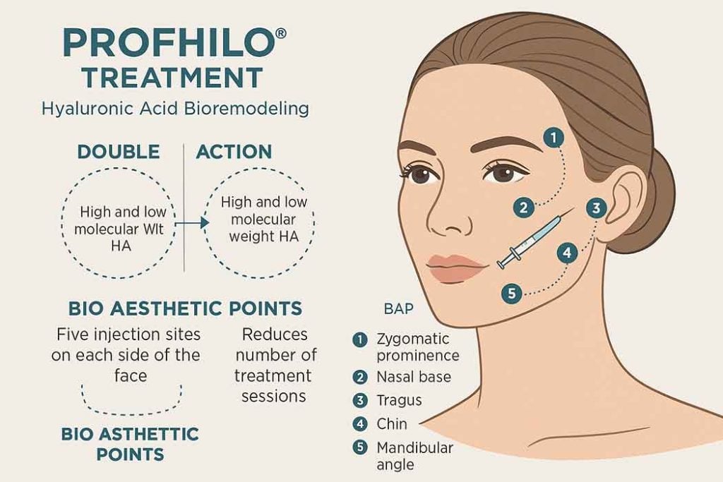 Diagram showing the five BAP injection points on the face for Profhilo bioremodeling treatment