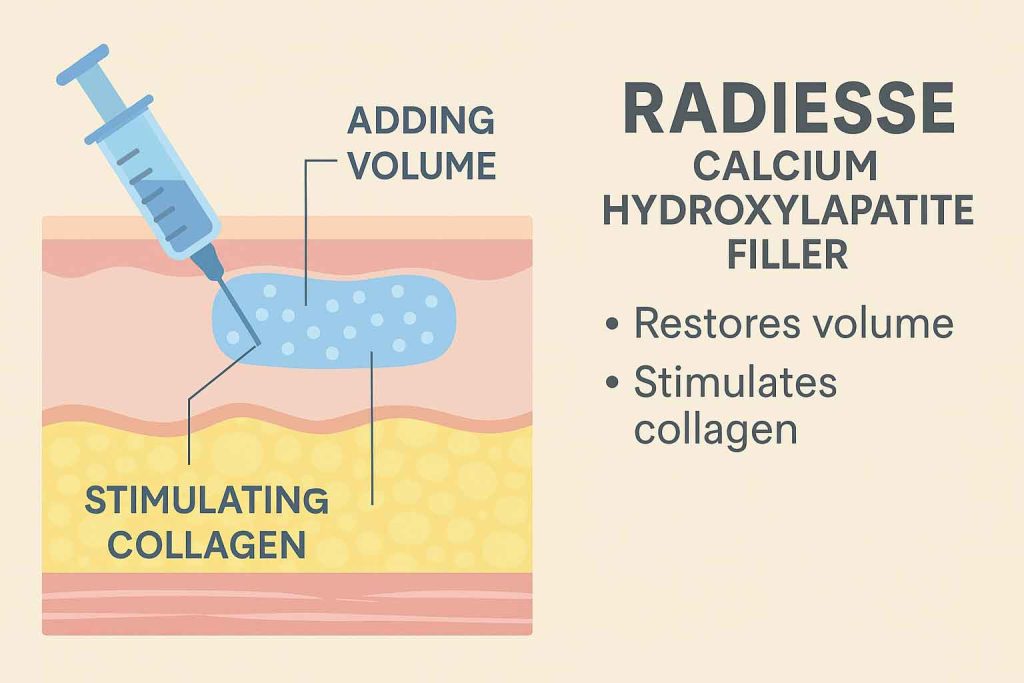 Infographic showing how Radiesse calcium hydroxylapatite stimulates collagen and provides long-term rejuvenation