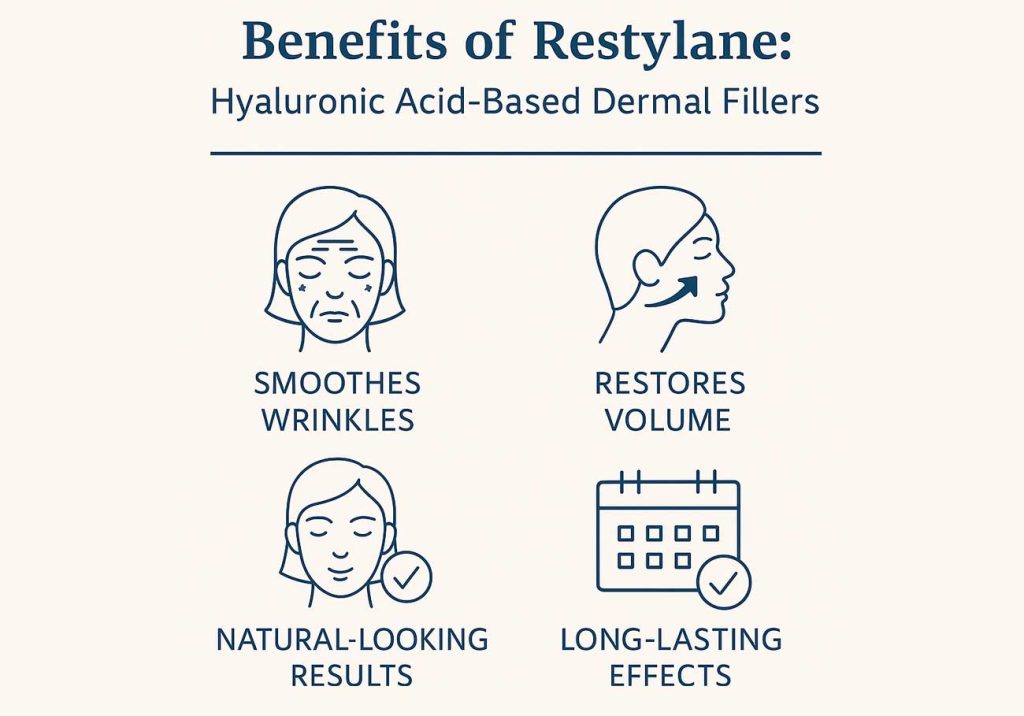 Key benefits of using Restylane hyaluronic acid fillers in aesthetic medicine, including natural results and proven safety.