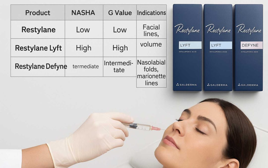 Comparison chart of Restylane hyaluronic acid dermal fillers using NASHA and OBT technologies.