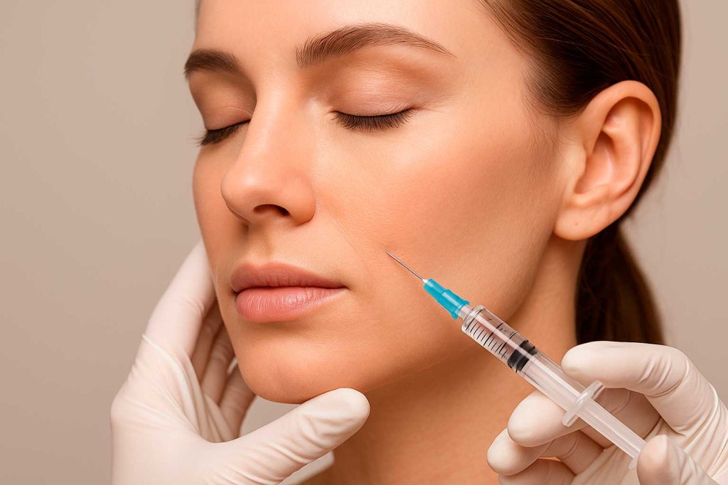 Non-surgical aesthetic treatment with Sculptra to restore facial volume and stimulate natural collagen production over time using poly-L-lactic acid.