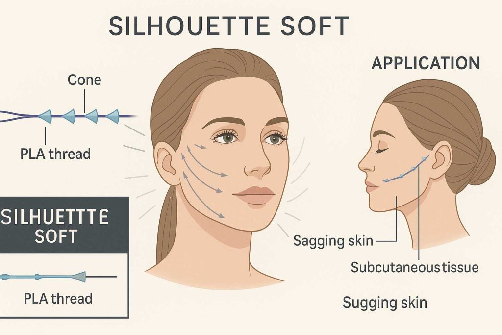 Infographic explaining the Silhouette Soft thread lift mechanism with bidirectional cones and facial anchor points