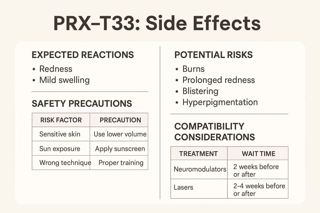 Infographic explaining PRX-T33 side effects, clinical risks, contraindications, and treatment protocols.