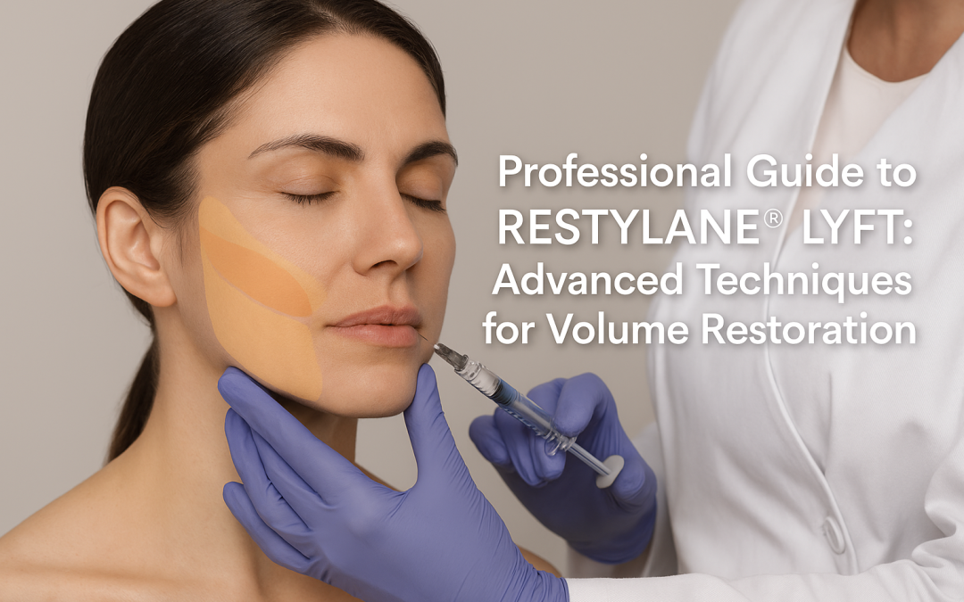 Realistic anatomical photo of a female face showing Restylane Lyft injection zones and technical notes.