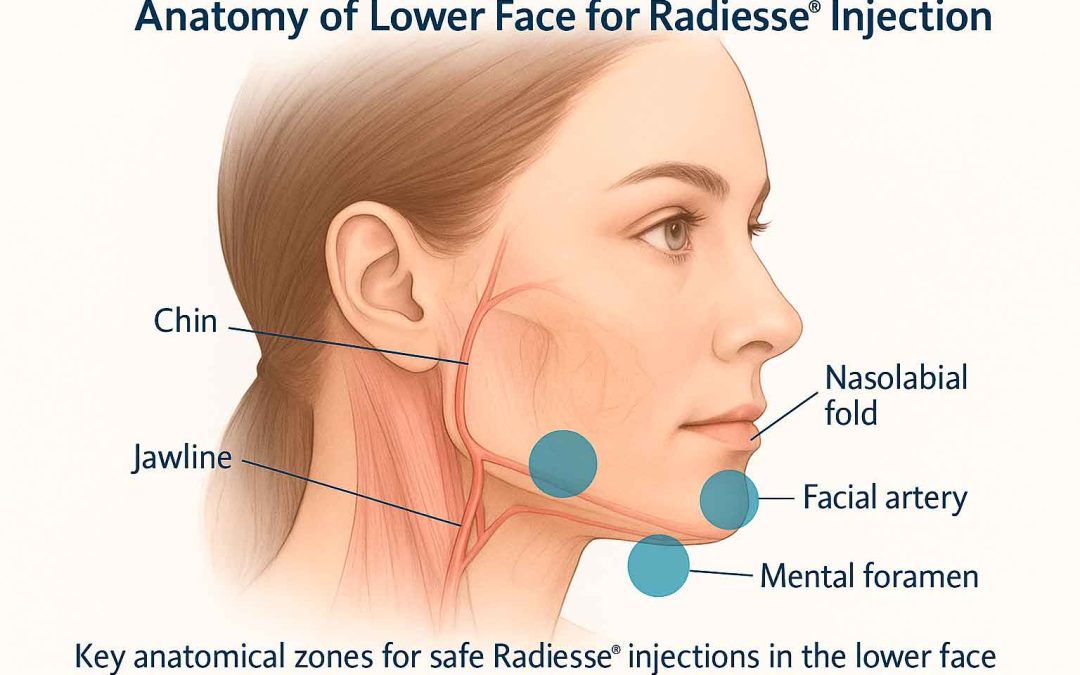 Anatomical illustration of the lower face showing safe Radiesse injection zones