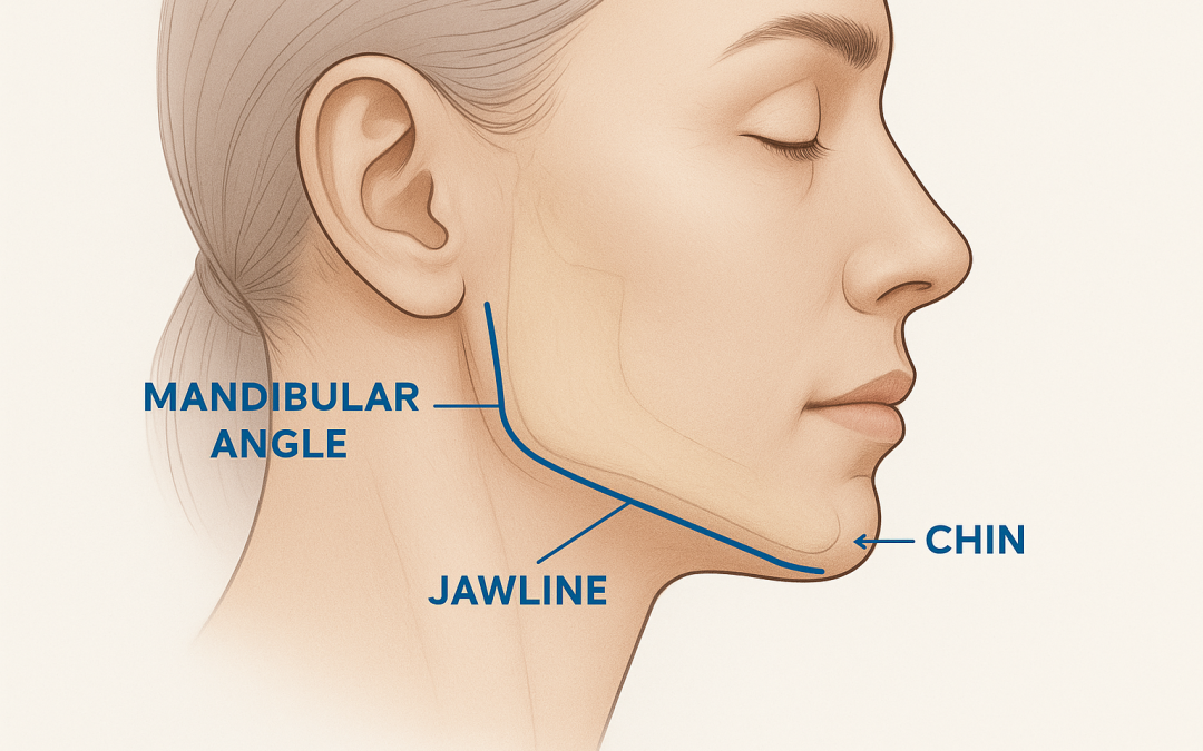 Anatomical side view of the face highlighting jawline, chin, and mandibular angle injection zones