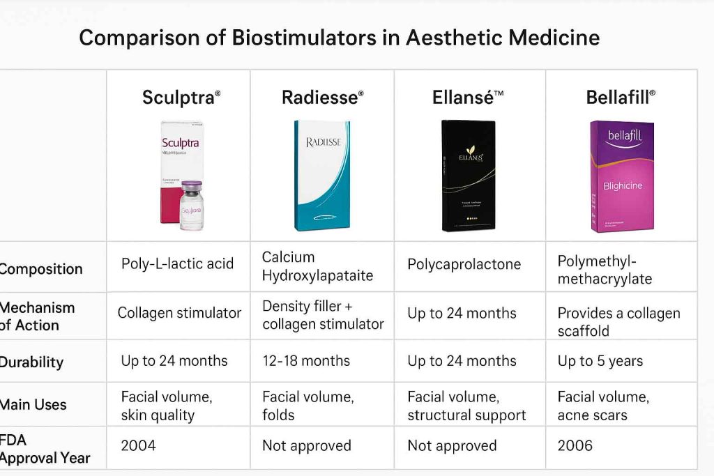 Visual comparison of injection techniques and preparation for Sculptra, Radiesse, and Ellansé including dilution, injection depth, and longevity.