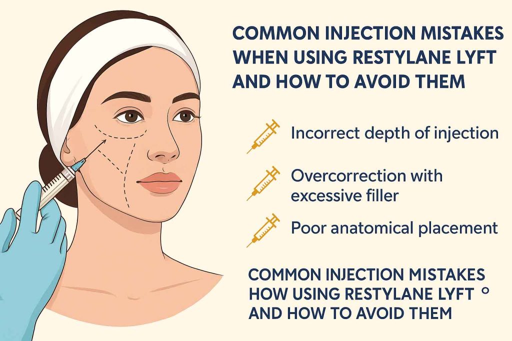 Technical infographic showing common injection mistakes with Restylane Lyft and recommended techniques for correction.