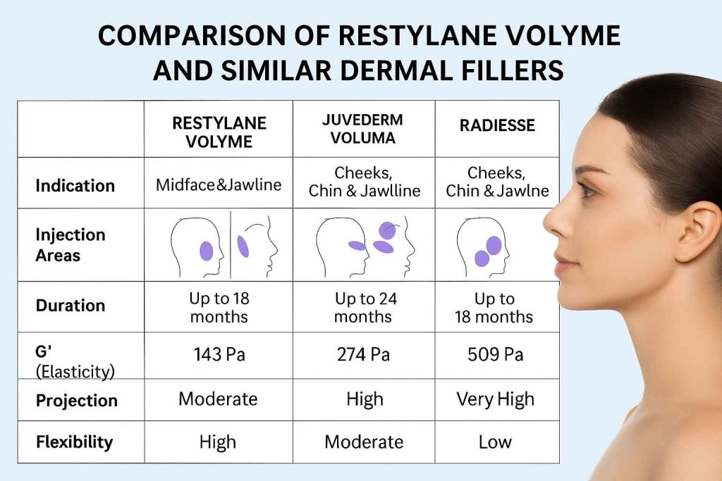Table showing recommended Restylane Volyme injection techniques and volume per facial zone.