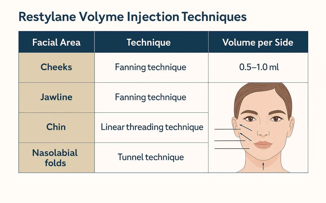 Facial anatomy illustration showing Restylane Volyme injection zones in cheeks, jawline, chin, and temples