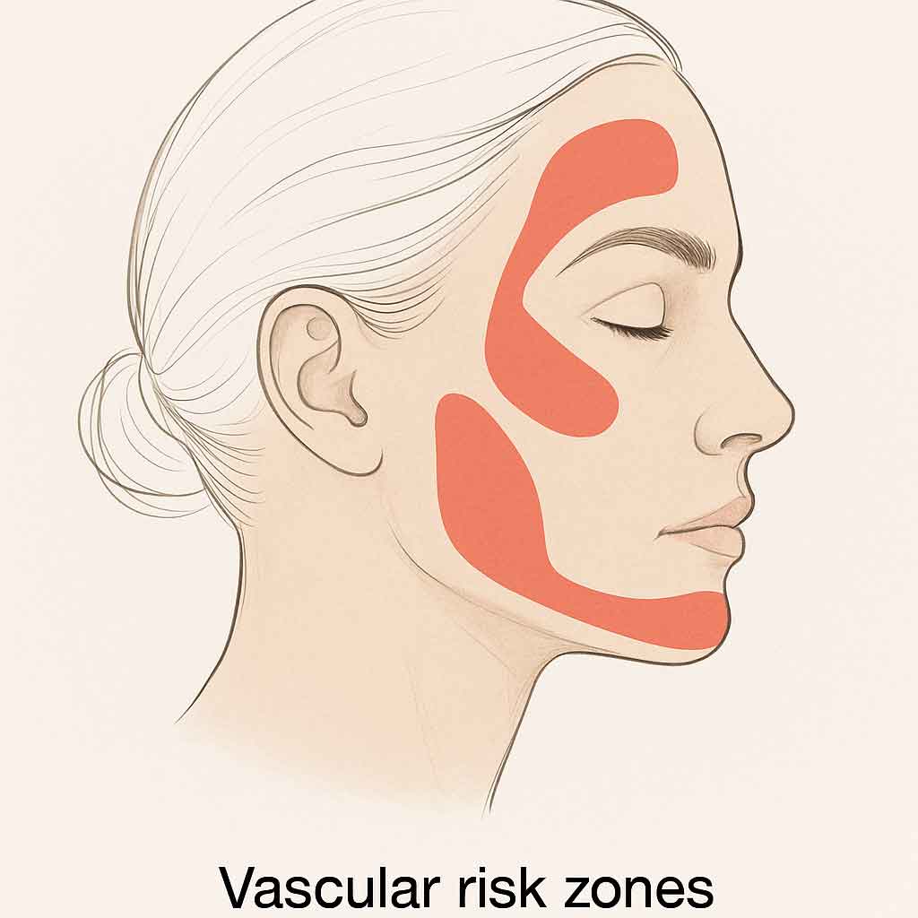 Facial diagram with vascular danger zones marked in red for safe Volux filler application