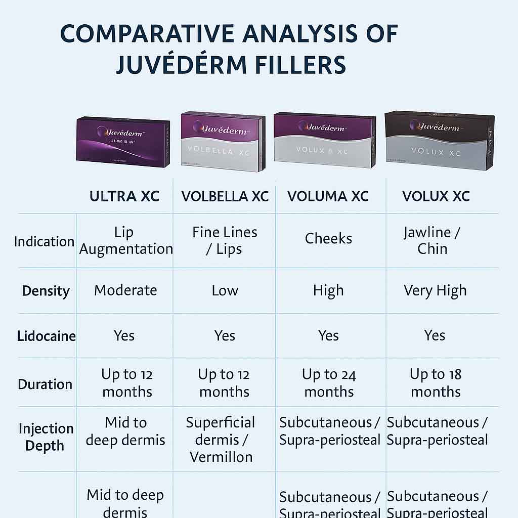 Comparative chart of Juvéderm dermal fillers including Ultra XC, Volbella XC, Voluma XC, and Volux XC with indications, density, and duration