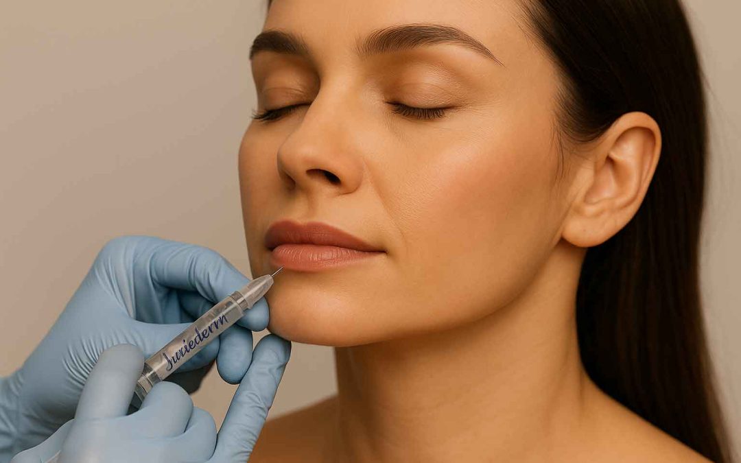 Professional injector administering Juvederm filler to a female patient’s cheek area in a clinical setting.