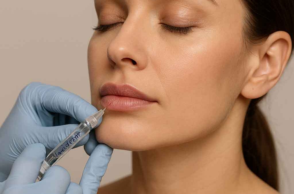 Realistic photo of a patient receiving Juvéderm lip filler with gloved hands performing injection on the lower lip