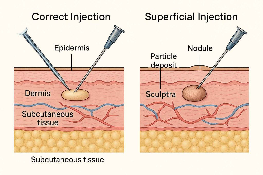 Cross-sectional skin diagram showing PLLA microspheres in dermis and subcutaneous tissue for Sculptra nodules treatment
