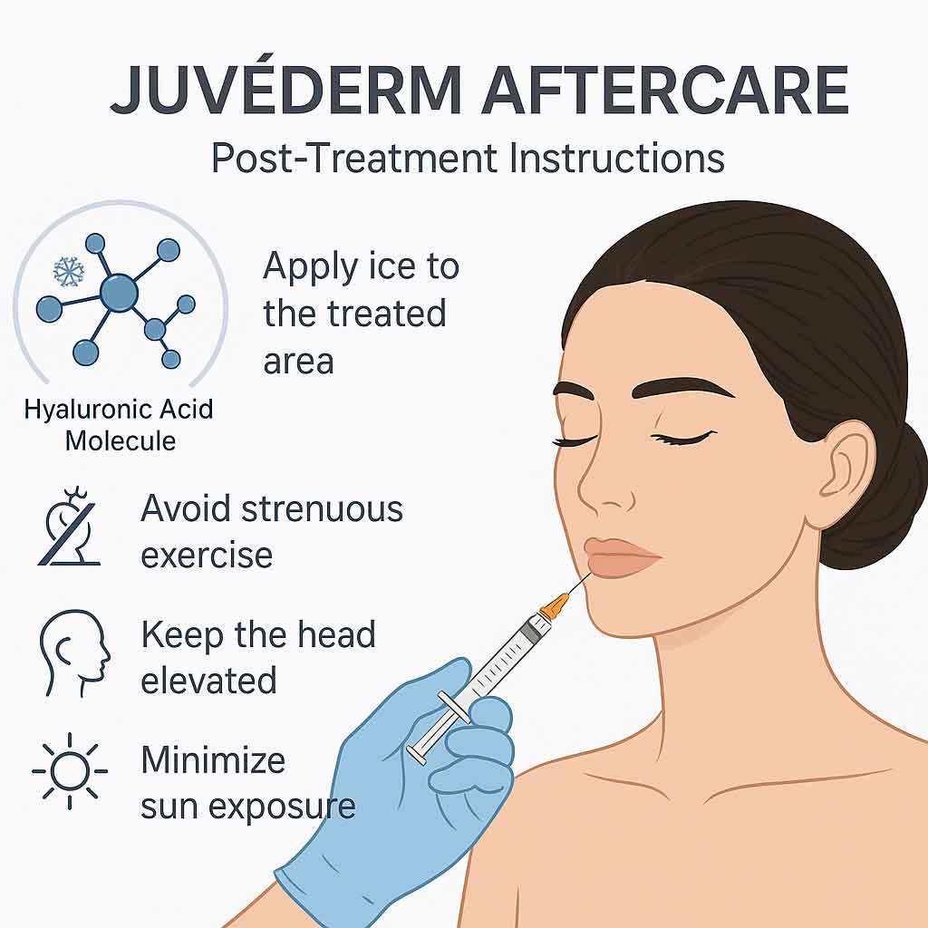 Technical infographic showing Juvederm aftercare recommendations