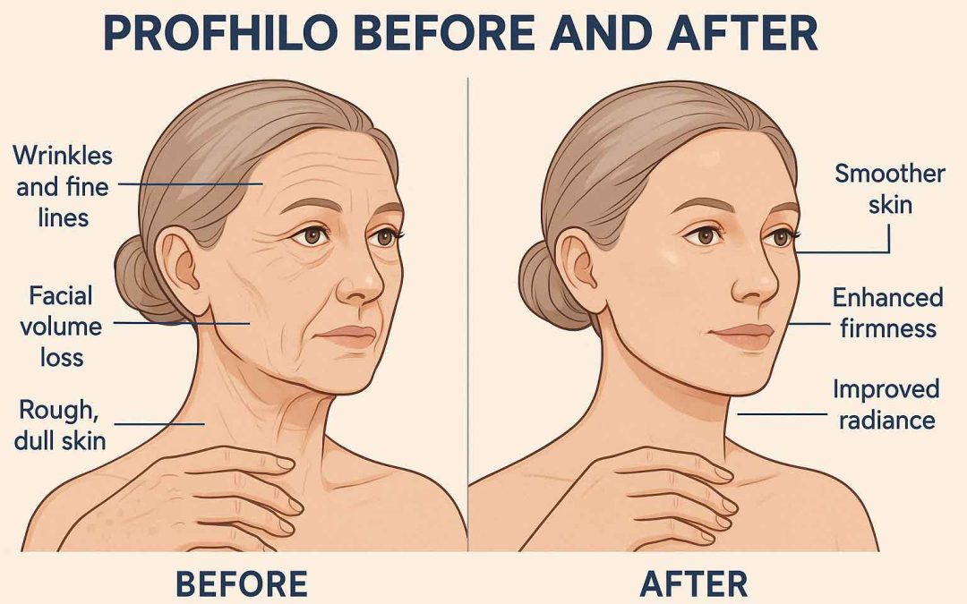 Profhilo before and after infographic showing treatment areas, results, and differences with fillers.