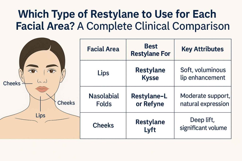 Infographic showing the best Restylane filler for lips, cheeks, and nasolabial folds with corresponding product recommendations.