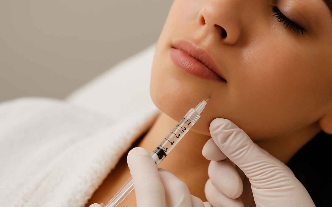 A patient receiving a dermal filler injection in the chin area by a medical professional wearing gloves.