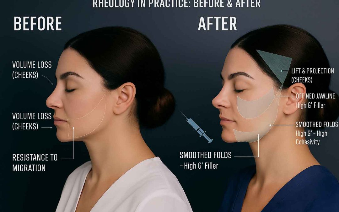 Educational cover titled "How to Select the Ideal Dermal Filler for Each Indication," featuring two healthcare professionals reviewing information on a tablet. Focus on mastering G’, cohesivity, and viscosity using products like STYLAGE®, RESTYLANE®, and RADIESSE®.