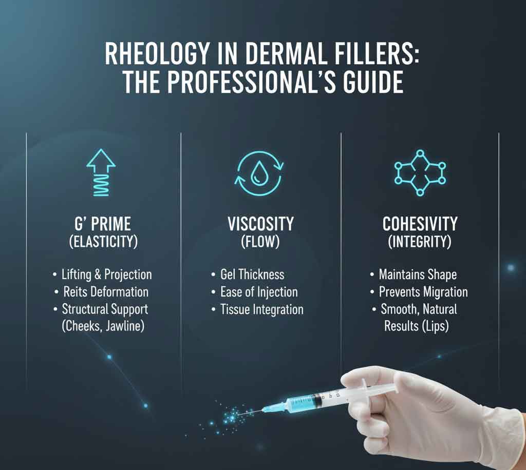 Infographic explaining the 3 pillars of rheology in dermal fillers: Elasticity (G' Prime), Viscosity, and Cohesivity.