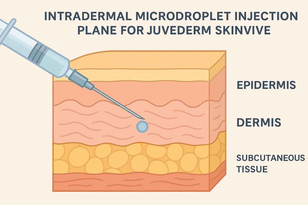 Aesthetic medicine professional performing Juvederm Skinvive microdroplet injection on the cheek using a fine needle.