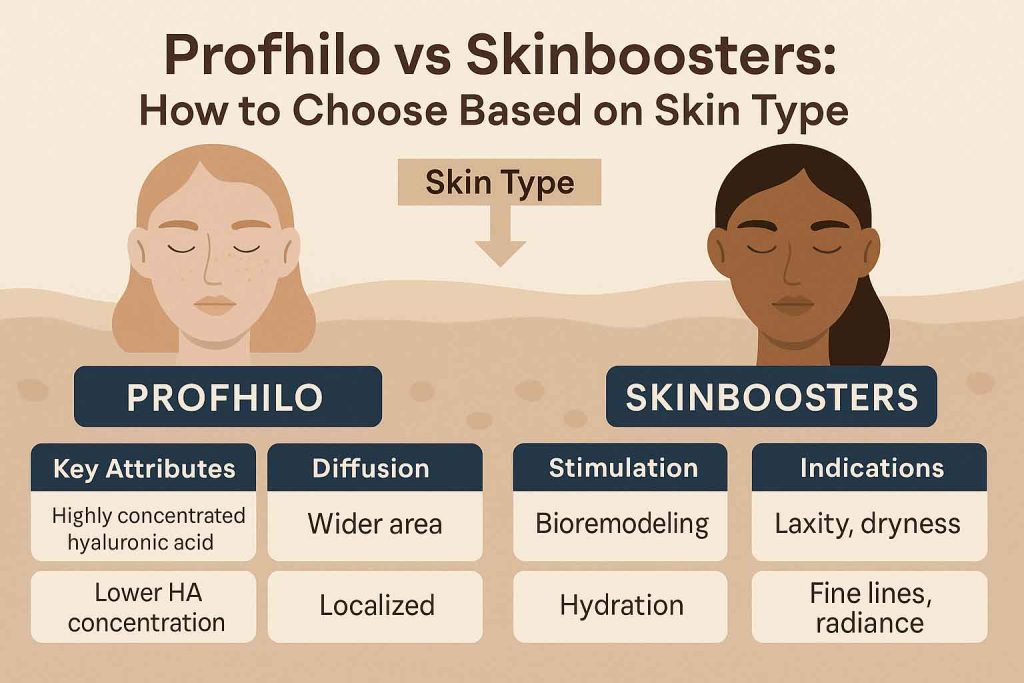 Infographic comparing Profhilo vs Skinboosters for aesthetic doctors with key differences in diffusion, stimulation, and indications.