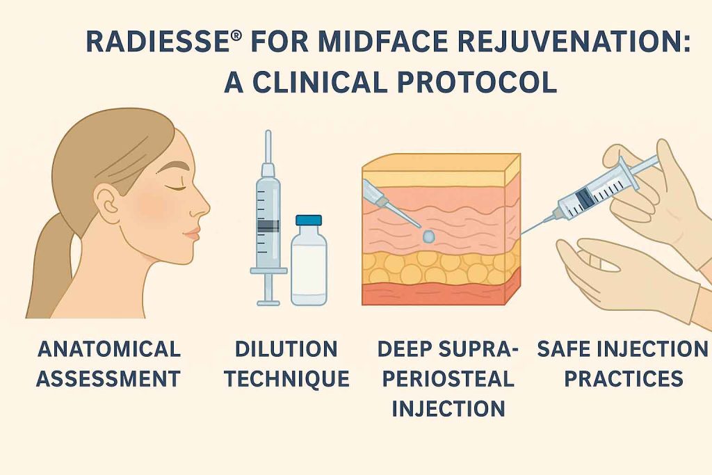 Medical infographic explaining Radiesse midface volumization mechanism, collagen stimulation process, and injection technique.