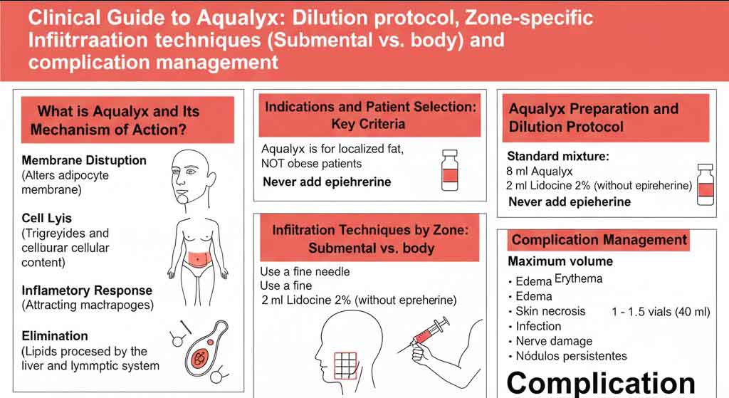 Infographic illustrating the standard Aqualyx dilution protocol: 8ml of Aqualyx mixed with 2ml of Lidocaine 2% equals a 10ml total solution.