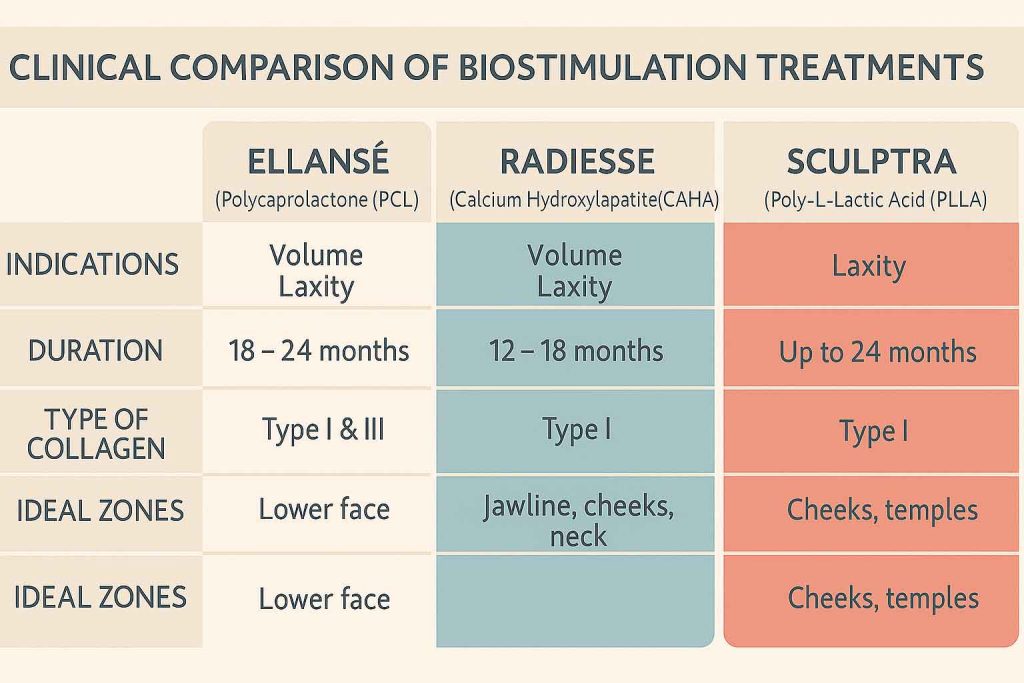 Clinical infographic comparing Ellansé, Radiesse, and Sculptra for biostimulation treatments.