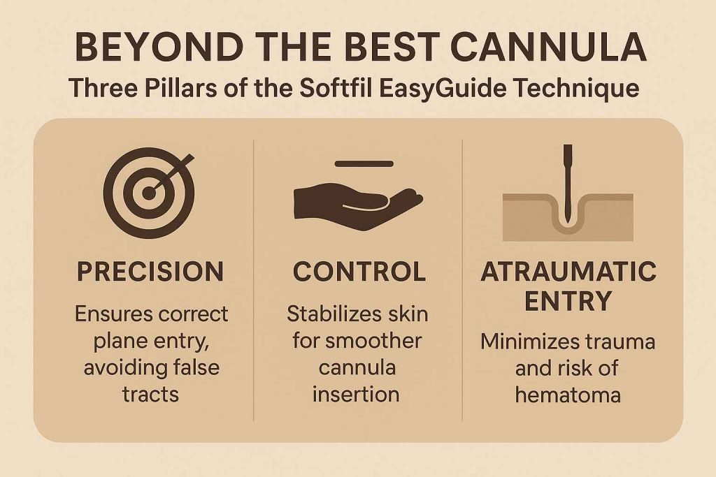 Summary infographic illustrating how Softfil EasyGuide enhances filler injection safety and precision