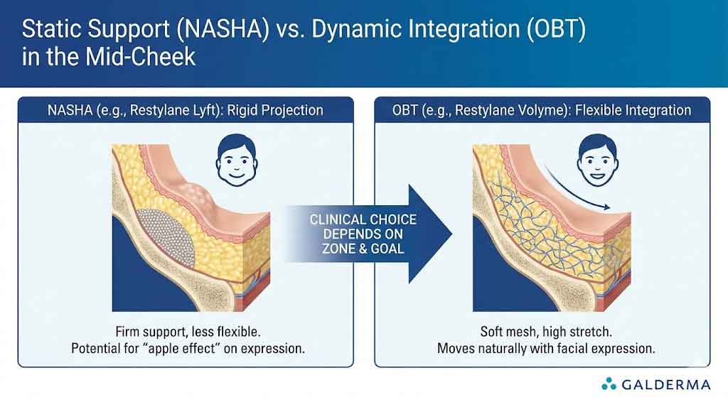 A side-by-side medical comparison. The left panel shows NASHA technology as a rigid, particulate gel providing firm projection but potentially causing an "apple effect" during movement. The right panel shows OBT technology as a soft, flexible mesh that integrates and moves naturally with facial expressions.