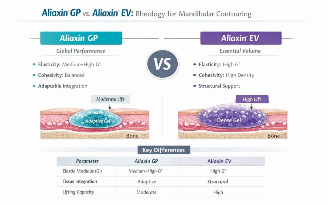 Aliaxin GP vs EV infographic comparing rheology, G prime and tissue integration for mandibular contouring