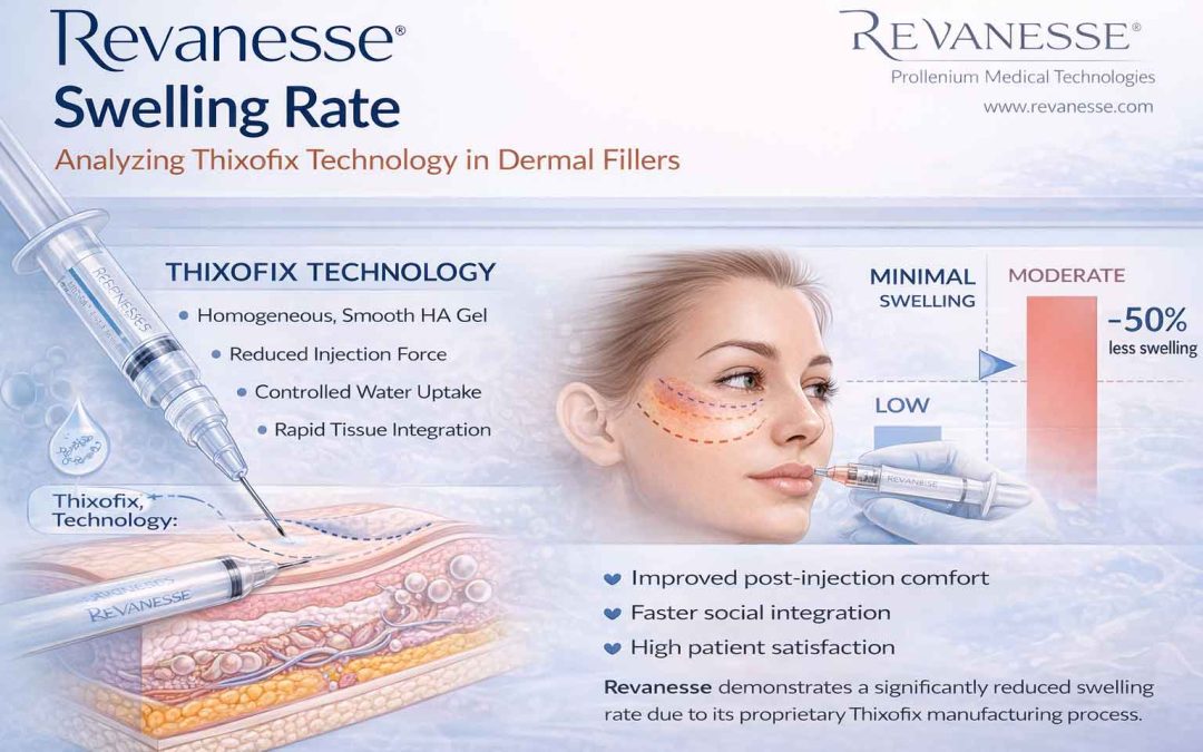 Revanesse swelling rate infographic explaining how Thixofix technology reduces post-injection edema in dermal fillers