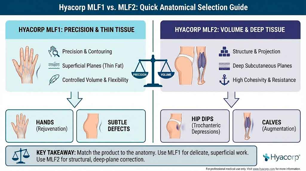 Hyacorp MLF1 vs. MLF2: Anatomical Selection Guide for Body Contouring in Calves, Hands, and Trochanteric Depressions