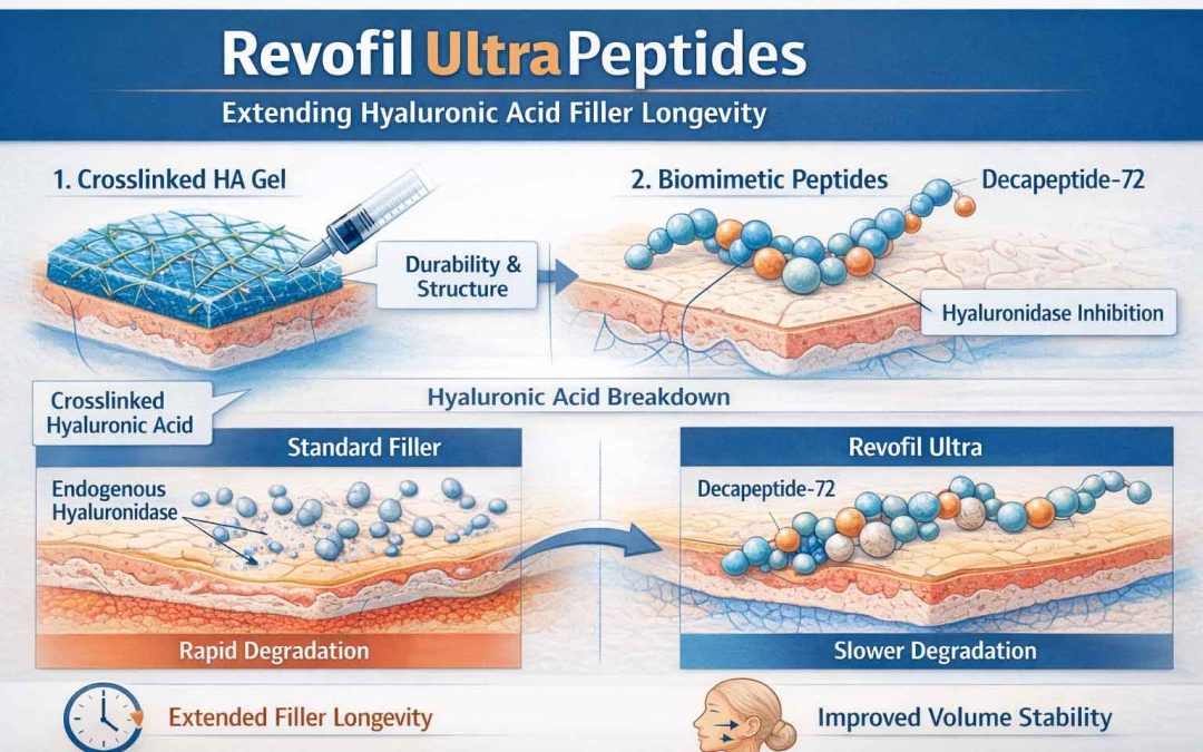 Revofil Ultra peptides infographic showing hyaluronidase inhibition and extended hyaluronic acid filler longevity