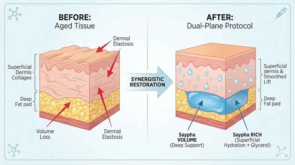 Medical infographic showing the dual-plane application of Saypha Volume vs Rich for deep structural support and superficial dermal hydration.