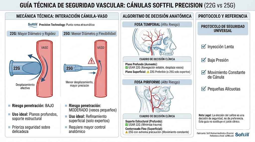 Softfil cannula guide comparing 22G vs 25G cannulas for safe filler injections in the temporal fossa and piriform fossa