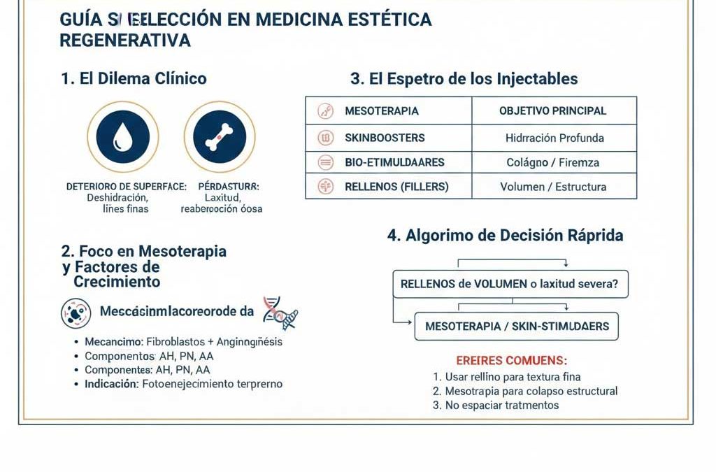 Infographic clinical guide for medical mesotherapy with growth factors comparing mesotherapy, skinboosters, biostimulators and fillers in aesthetic medicine.