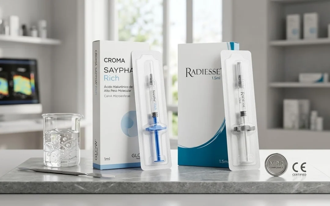 Technical infographic still life comparing Calcium Hydroxylapatite (CaHA) microsphere scaffolding vs Poly-L-Lactic Acid (PLLA) progressive induction for collagen stimulation, set on a polished grey stone surface in a contemporary clinic, with labeled elements in Spanish.