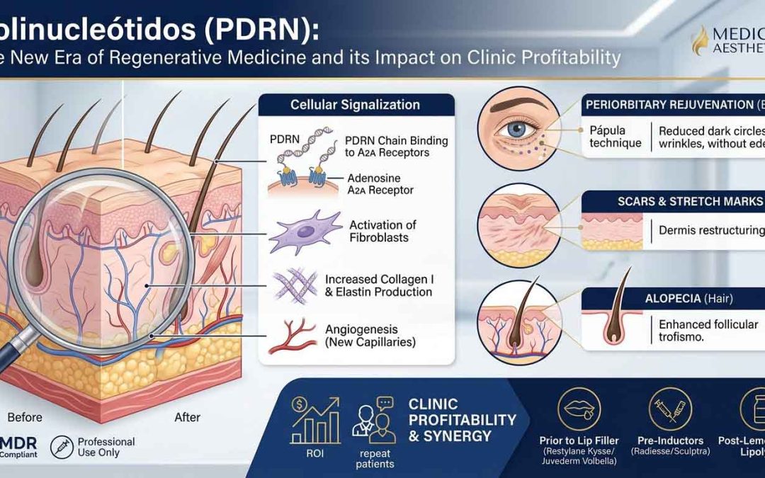 Infografía médica sobre polinucleótidos PDRN que muestra el mecanismo de señalización celular en receptores A2A y activación de fibroblastos. Incluye diagramas para rejuvenecimiento periorbitario, tratamiento de cicatrices y alopecia. Imagen con sellos de garantía MDR Compliant y Professional Use Only para Glow Health.