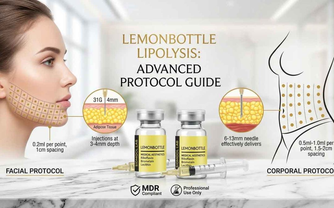 Infografía médica profesional que detalla el protocolo técnico de aplicación de Lemonbottle. Muestra diagramas faciales con cuadrículas de inyección de 0.2ml cada 1cm y diagramas corporales de 0.5-1.0ml cada 1.5-2cm. Incluye vista detallada de aguja 31G inyectando en tejido adiposo y logotipos de MDR Compliant y Uso Profesional Exclusivo para Glow Health.