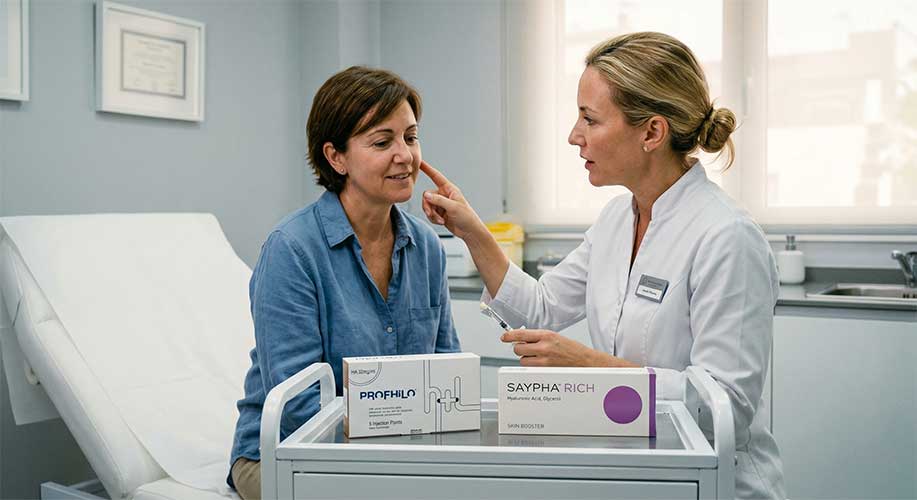 Una doctora en una clínica estética señala la mejilla de una paciente mientras explica la diferencia entre los tratamientos Profhilo y Saypha Rich Skin Booster, cuyas cajas están sobre un carrito médico.