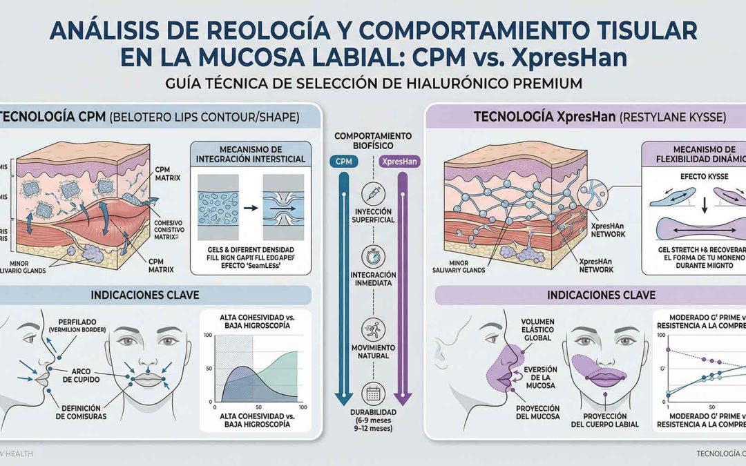 Un diagrama médico comparativo y minimalista en tonos azules, morados y grises que visualiza la integración tisular de la tecnología CPM (Cohesive Polydensified Matrix) de Belotero frente a la flexibilidad dinámica de la tecnología XpresHAn de Restylane Kysse en la mucosa labial.