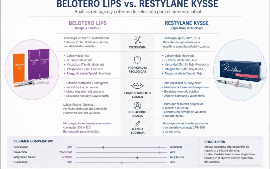 Infografía comparativa técnica para médicos estéticos sobre Belotero Lips y Restylane Kysse. Muestra tabla de propiedades reológicas (cohesividad, G' prime, viscosidad, integración tisular, riesgo Tyndall), comportamiento clínico, indicaciones ideales y técnica sugerida para aumento de labios. Incluye gráfico de resumen de cohesividad, proyección e integración.