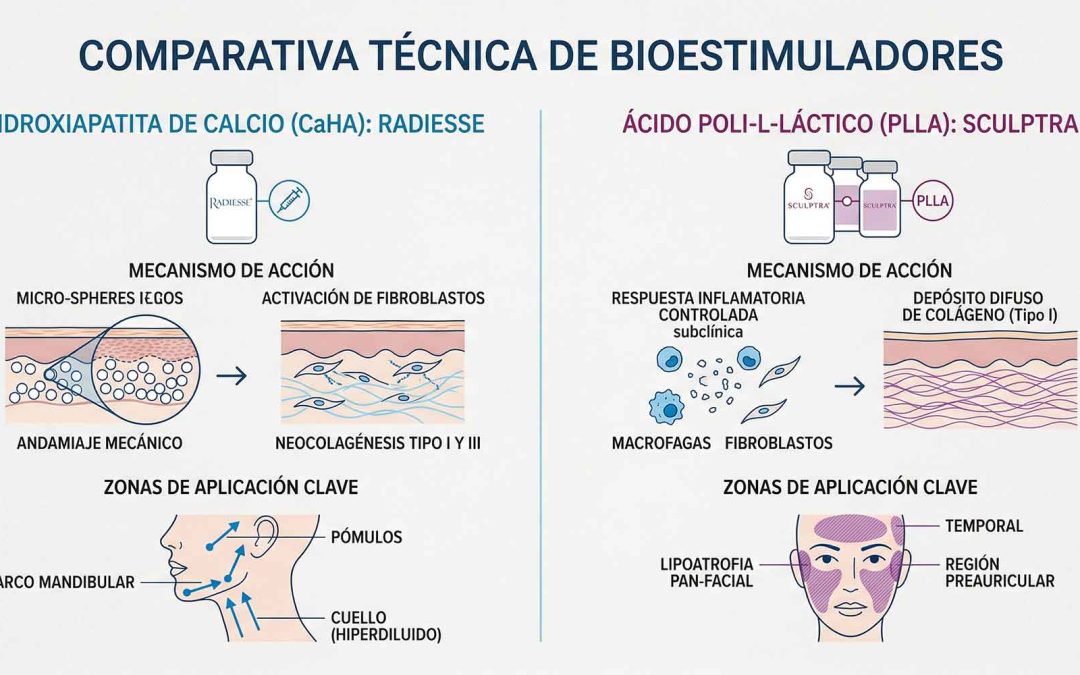 Un diagrama médico comparativo y minimalista en tonos azules y morados que visualiza los mecanismos de acción de Radiesse (CaHA) y Sculptra (PLLA), mostrando las diferencias en la estimulación de colágeno y los planos de inyección.