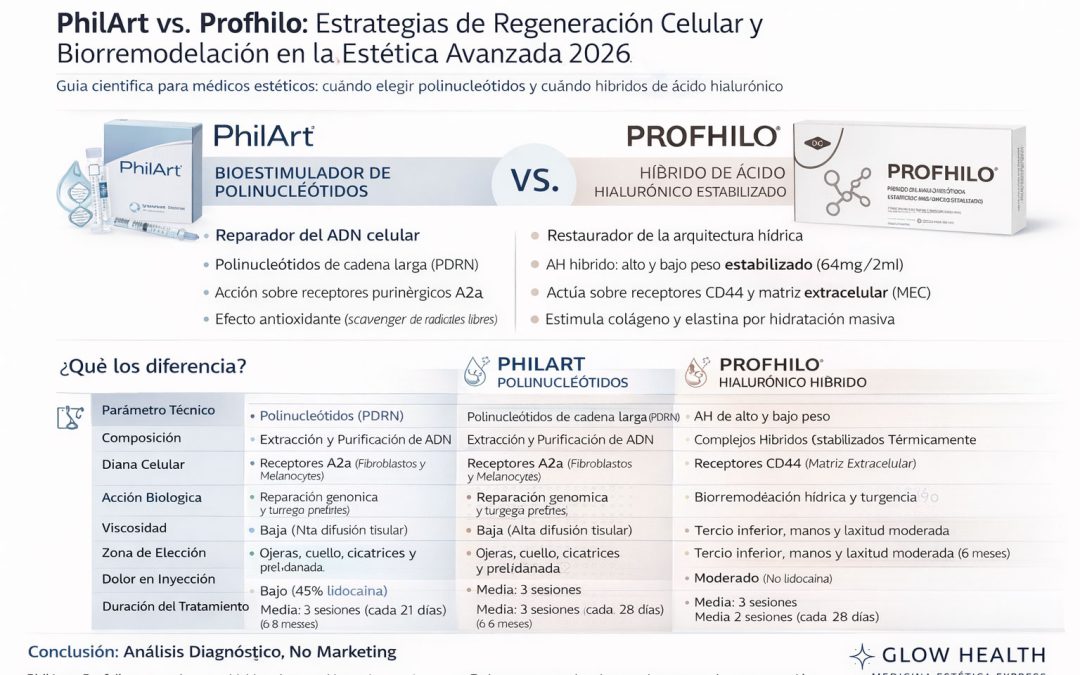 Infografía técnica comparativa entre PhilArt (Polinucleótidos PDRN) y Profhilo (Hialurónico híbrido) para medicina estética. Detalla mecanismos de acción sobre receptores A2A y CD44, composición, viscosidad, zonas de elección como ojeras o tercio inferior, y protocolos de tratamiento.