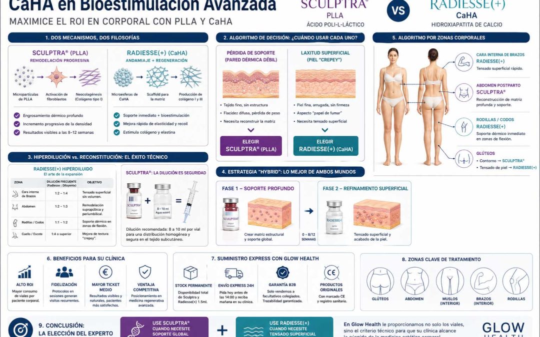 Infografía profesional comparando Sculptra (PLLA) y Radiesse (CaHA) para flacidez corporal. Muestra los viales de producto en un entorno clínico de Glow Health para el tratamiento de glúteos, brazos y abdomen.