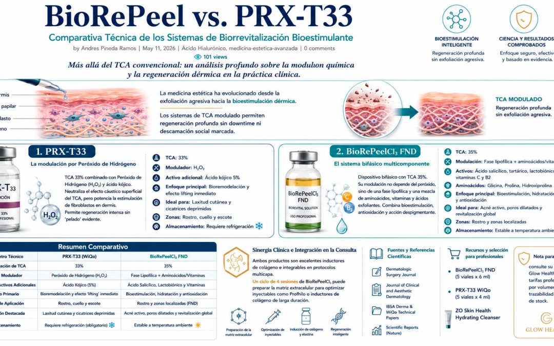 Infografía técnica comparativa entre los sistemas de biorrevitalización bioestimulante BioRePeelCl3 FND y PRX-T33 WiQo, detallando composición, mecanismos de acción (modulación de TCA) e indicaciones clínicas para profesionales de medicina estética. Gráfico de Glow Health.